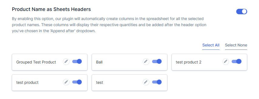 Product Name as Sheets Headers