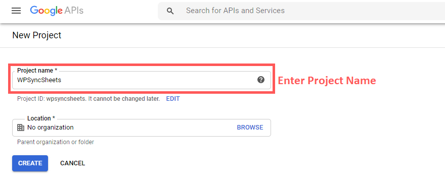 Enter Project name