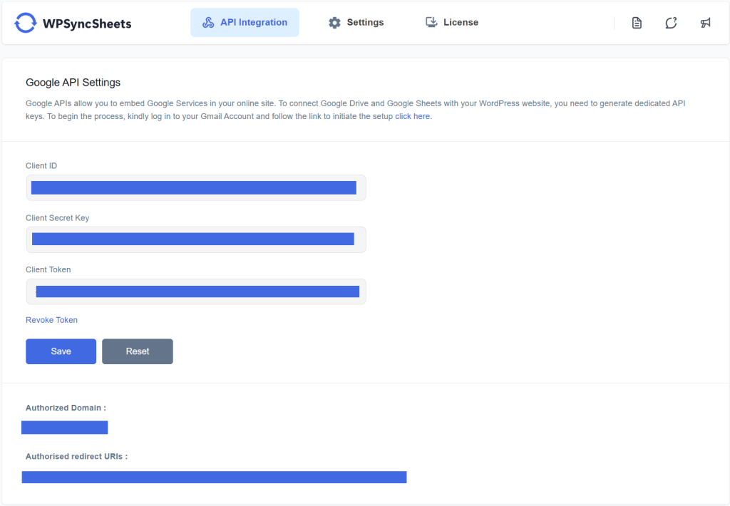 WPSyncSheets Google API Settings