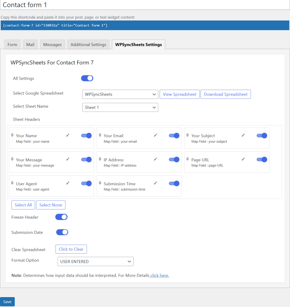 WPSyncSheets For Contact Form 7 Settings