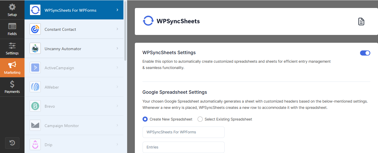 WPForms of Create New Spreadsheet 