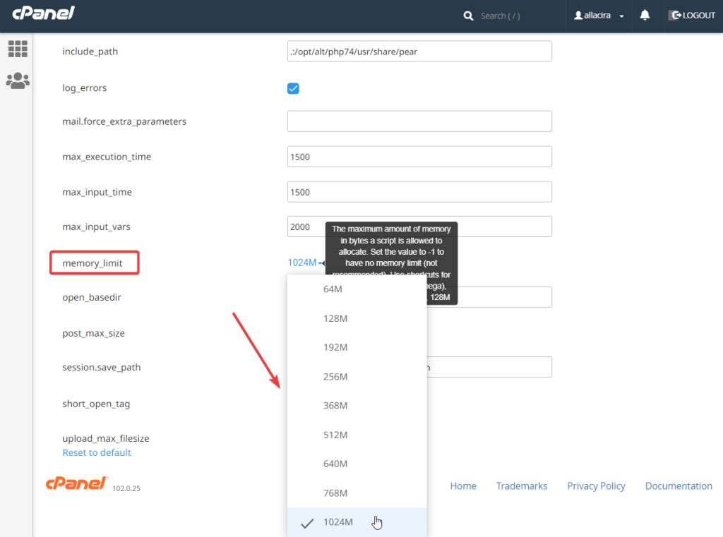 Cpanel PHP memory limit 