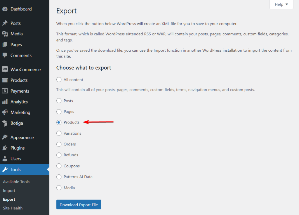 Choose Export Products 