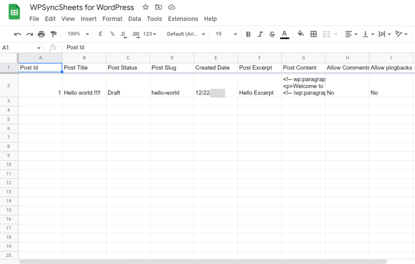 WPSyncSheets For WordPress Google Sheet