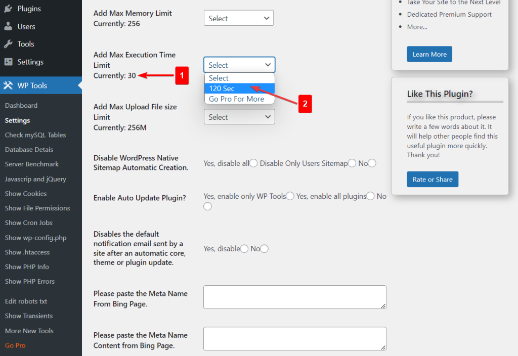WP Tools in Add Max Execution Time  