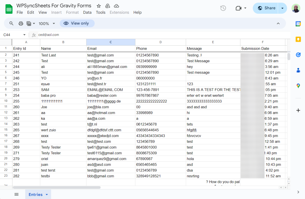 WPSyncSheets For Gravity Form Sheet 