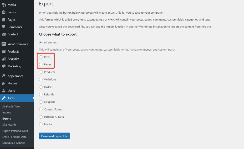 Export Posts and Pages