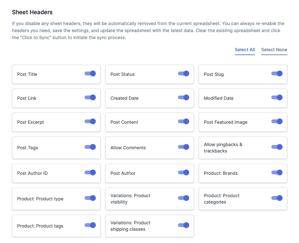Sheet Headers for post settings