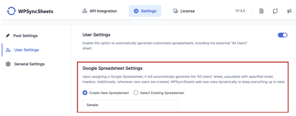 Create New Google Sheets - User Settings