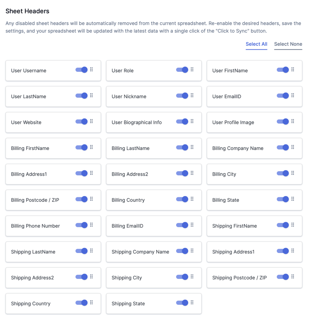 User Settings Sheet Headers