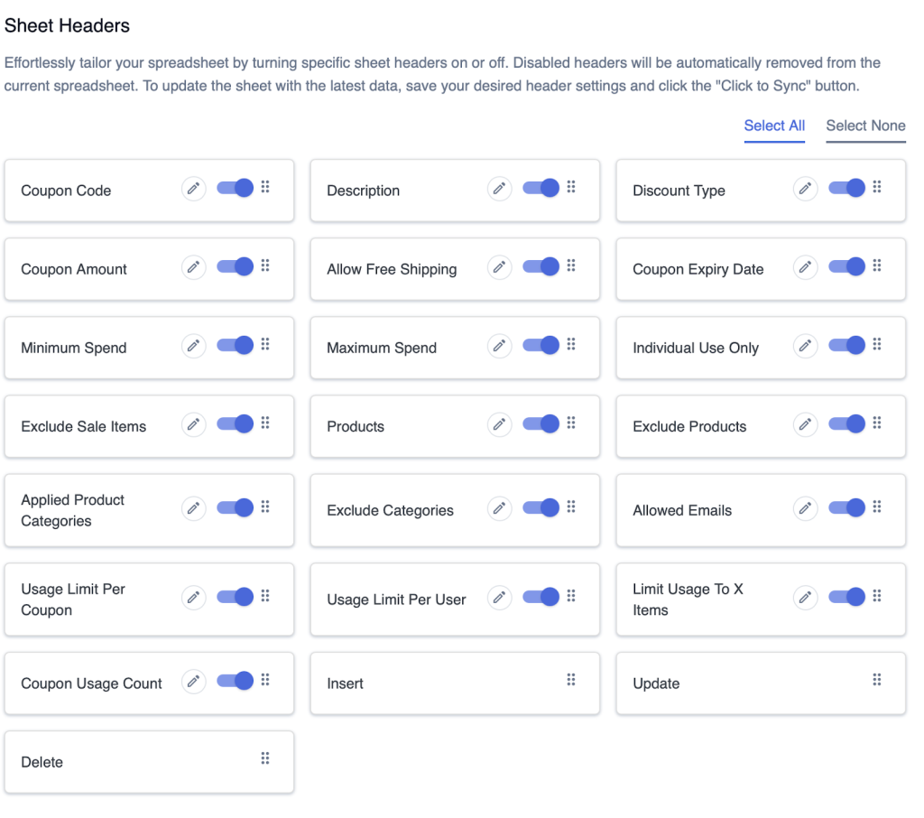 Coupon Sheet Headers